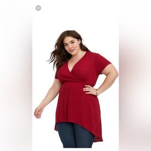 Torrid Womens Red Babydoll Gauze Surplice Hi Low Tunic Top Plus‎ Size 1X
